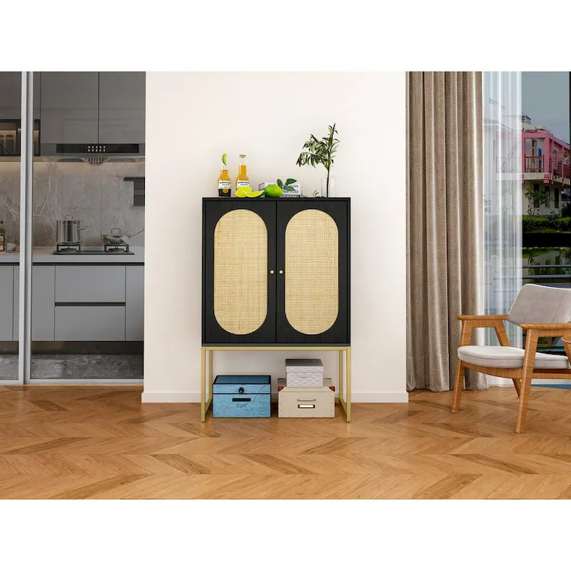 Meuble Haut en Rotin Naturel 2 Portes, Étagère Réglable, Montage Facile, Armoire Autonome pour Salon Chambre à Coucher