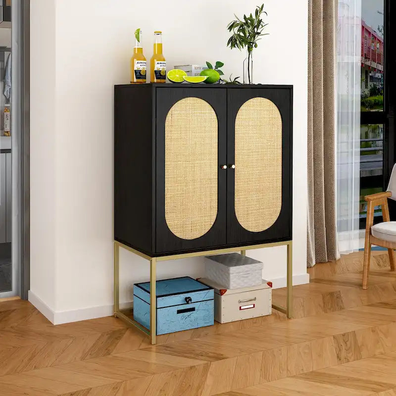 Meuble Haut en Rotin Naturel 2 Portes, Étagère Réglable, Montage Facile, Armoire Autonome pour Salon Chambre à Coucher