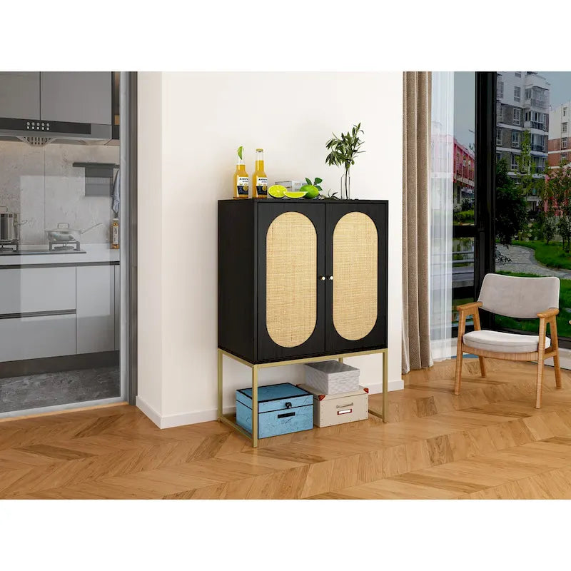 Meuble Haut en Rotin Naturel 2 Portes, Étagère Réglable, Montage Facile, Armoire Autonome pour Salon Chambre à Coucher
