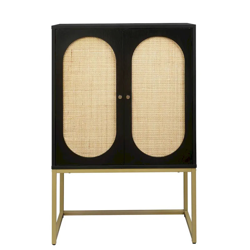 Meuble Haut en Rotin Naturel 2 Portes, Étagère Réglable, Montage Facile, Armoire Autonome pour Salon Chambre à Coucher