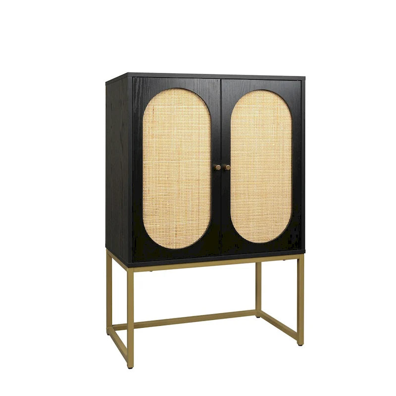 Meuble Haut en Rotin Naturel 2 Portes, Étagère Réglable, Montage Facile, Armoire Autonome pour Salon Chambre à Coucher