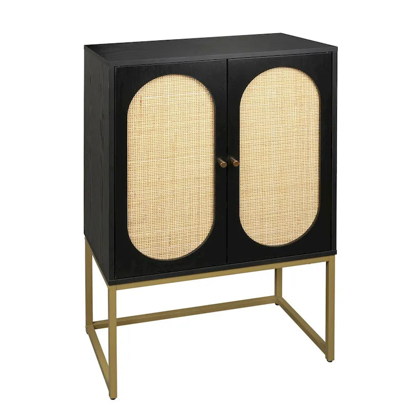 Meuble Haut en Rotin Naturel 2 Portes, Étagère Réglable, Montage Facile, Armoire Autonome pour Salon Chambre à Coucher