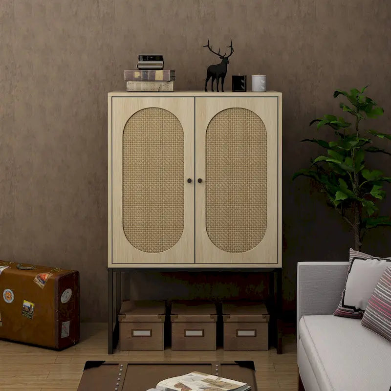 Meuble Haut en Rotin Naturel 2 Portes, Étagère Réglable, Montage Facile, Armoire Autonome pour Salon Chambre à Coucher