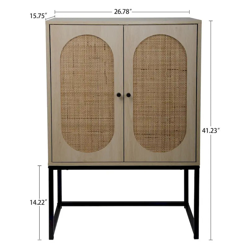 Meuble Haut en Rotin Naturel 2 Portes, Étagère Réglable, Montage Facile, Armoire Autonome pour Salon Chambre à Coucher
