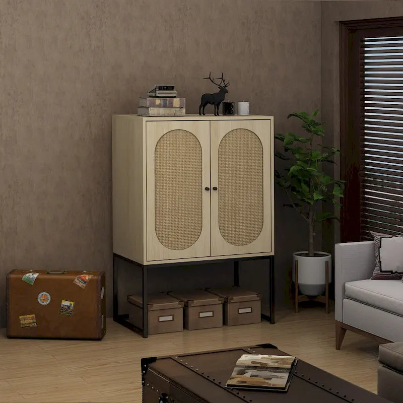 Meuble Haut en Rotin Naturel 2 Portes, Étagère Réglable, Montage Facile, Armoire Autonome pour Salon Chambre à Coucher