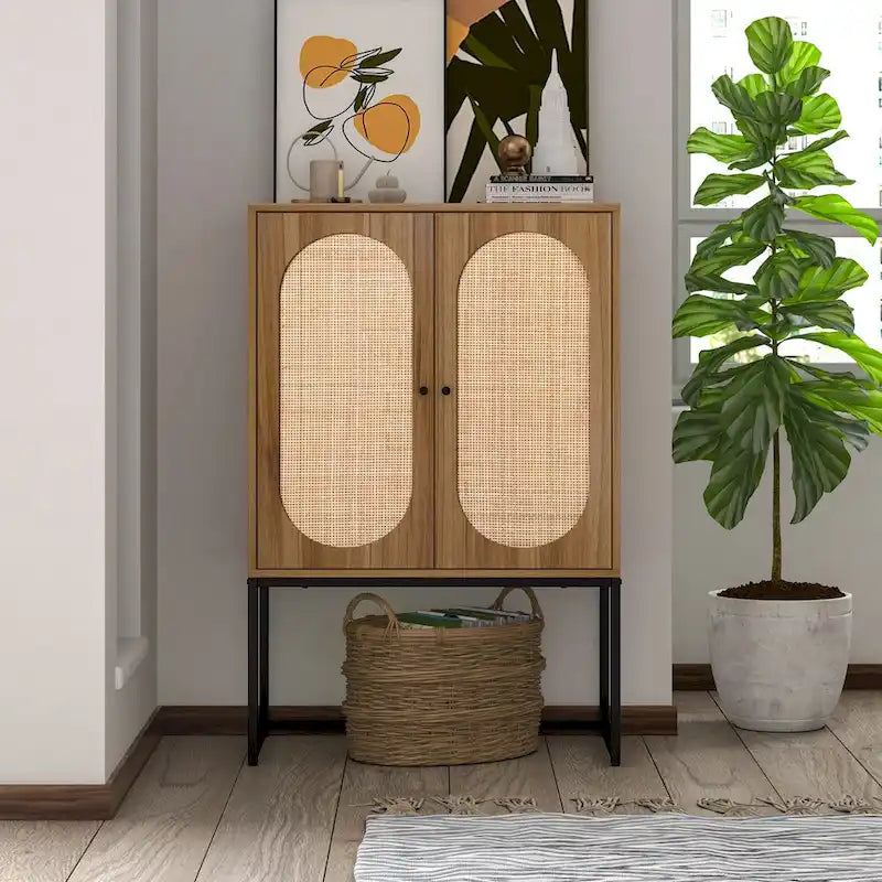 Meuble Haut en Rotin Naturel 2 Portes, Étagère Réglable, Montage Facile, Armoire Autonome pour Salon Chambre à Coucher