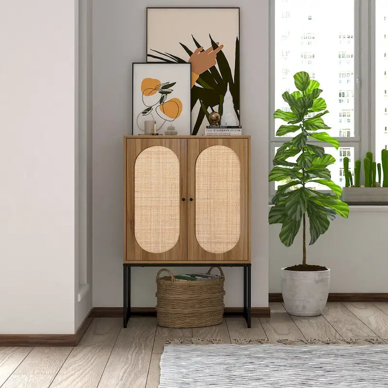 Meuble Haut en Rotin Naturel 2 Portes, Étagère Réglable, Montage Facile, Armoire Autonome pour Salon Chambre à Coucher
