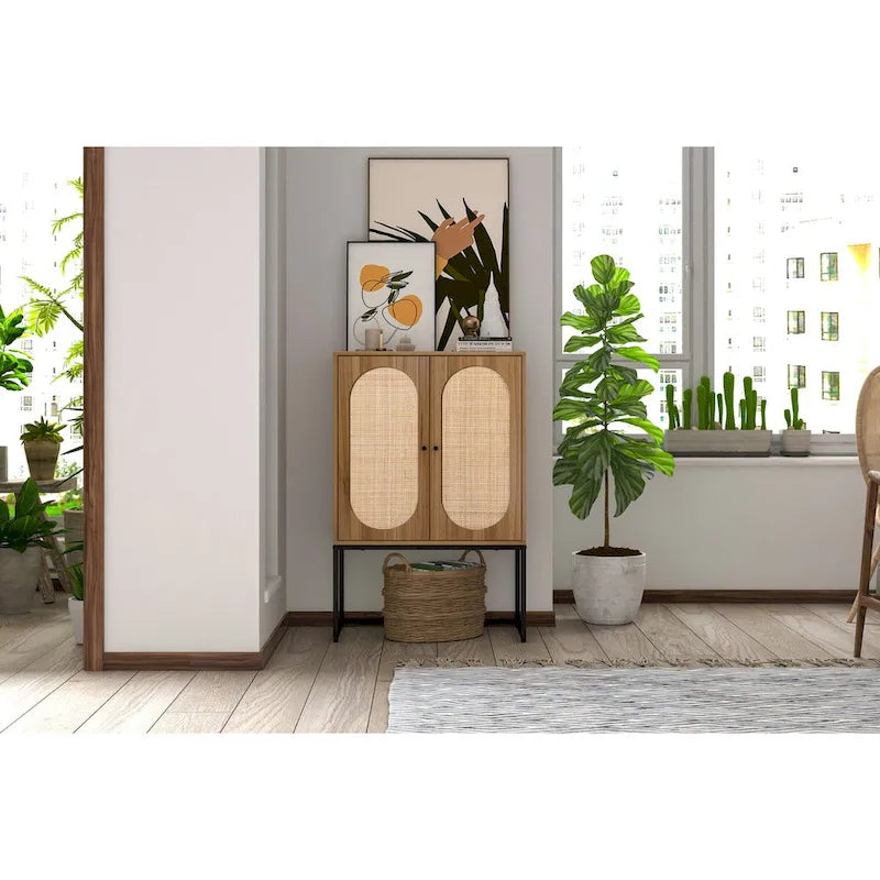 Meuble Haut en Rotin Naturel 2 Portes, Étagère Réglable, Montage Facile, Armoire Autonome pour Salon Chambre à Coucher