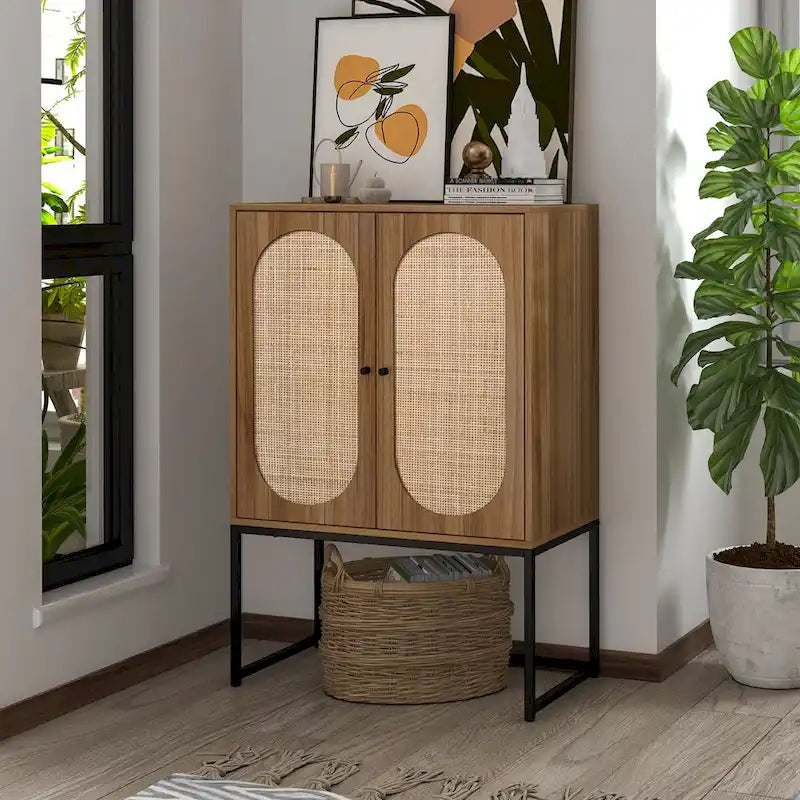 Meuble Haut en Rotin Naturel 2 Portes, Étagère Réglable, Montage Facile, Armoire Autonome pour Salon Chambre à Coucher