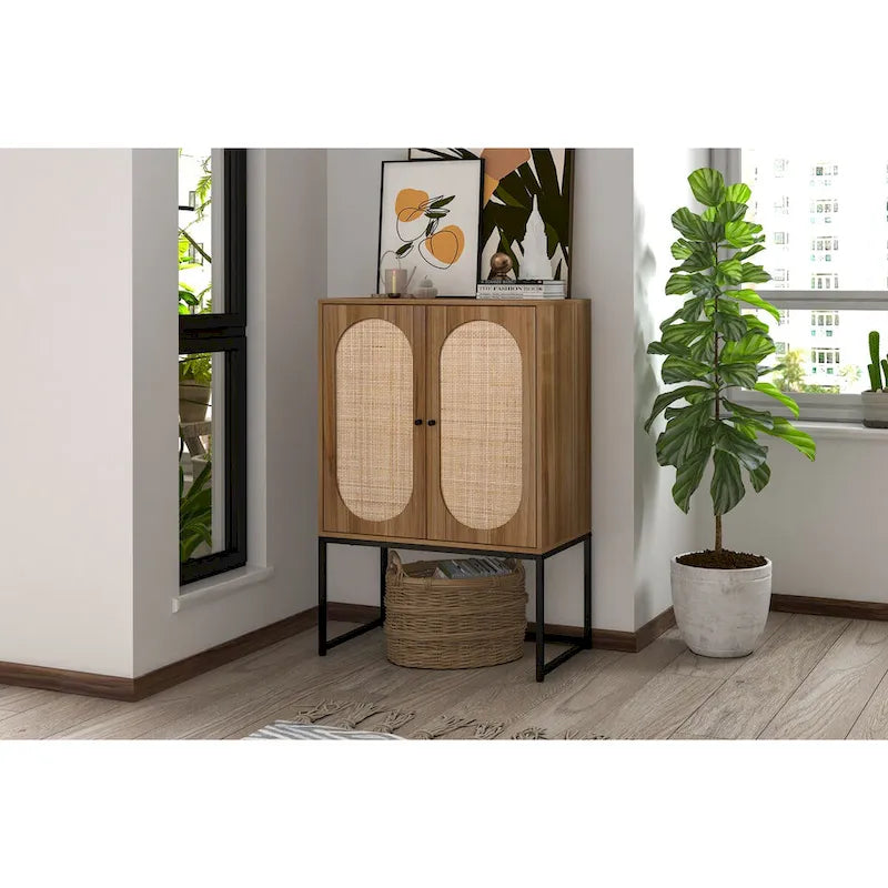 Meuble Haut en Rotin Naturel 2 Portes, Étagère Réglable, Montage Facile, Armoire Autonome pour Salon Chambre à Coucher