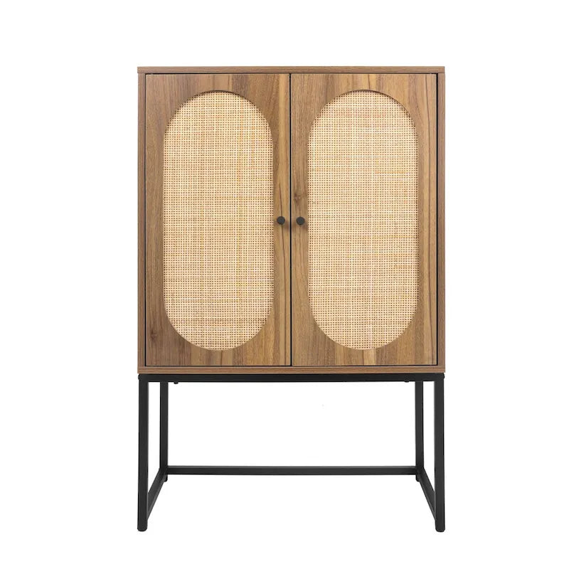 Meuble Haut en Rotin Naturel 2 Portes, Étagère Réglable, Montage Facile, Armoire Autonome pour Salon Chambre à Coucher