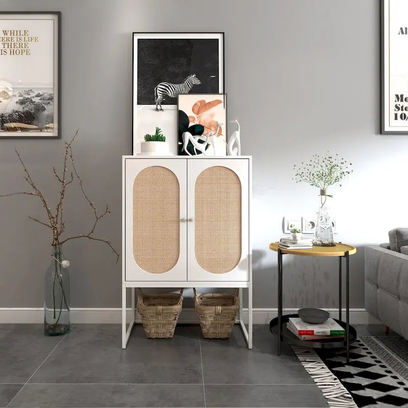 Meuble Haut en Rotin Naturel 2 Portes, Étagère Réglable, Montage Facile, Armoire Autonome pour Salon Chambre à Coucher