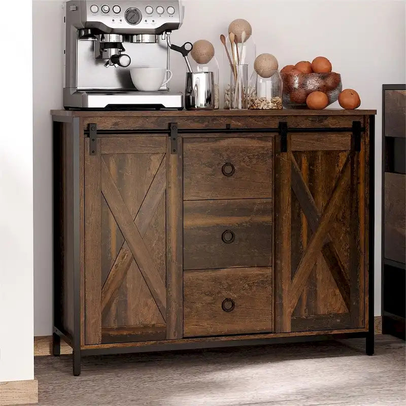 Vaisselier de cuisine avec portes coulissantes de style grange et étagères réglables