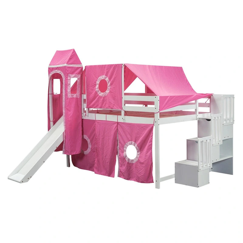 House Full Loft Bed with Slide,Storage Stairs and Tent,Tower and Ladders, Playhouse Full Bed Frame for Kids