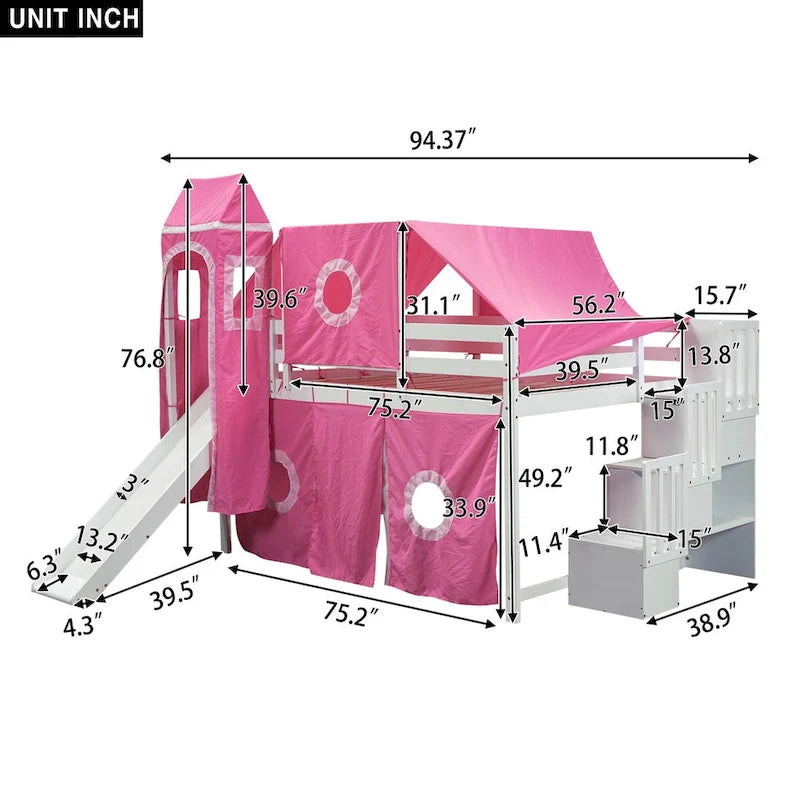 House Full Loft Bed with Slide,Storage Stairs and Tent,Tower and Ladders, Playhouse Full Bed Frame for Kids