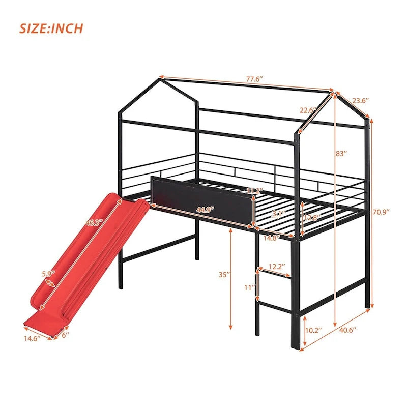 Merax Metal Twin House Loft Bed with Two-sided writable Wooden Board, Slide