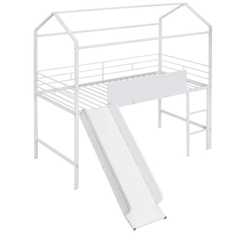Merax Metal Twin House Loft Bed with Two-sided writable Wooden Board, Slide