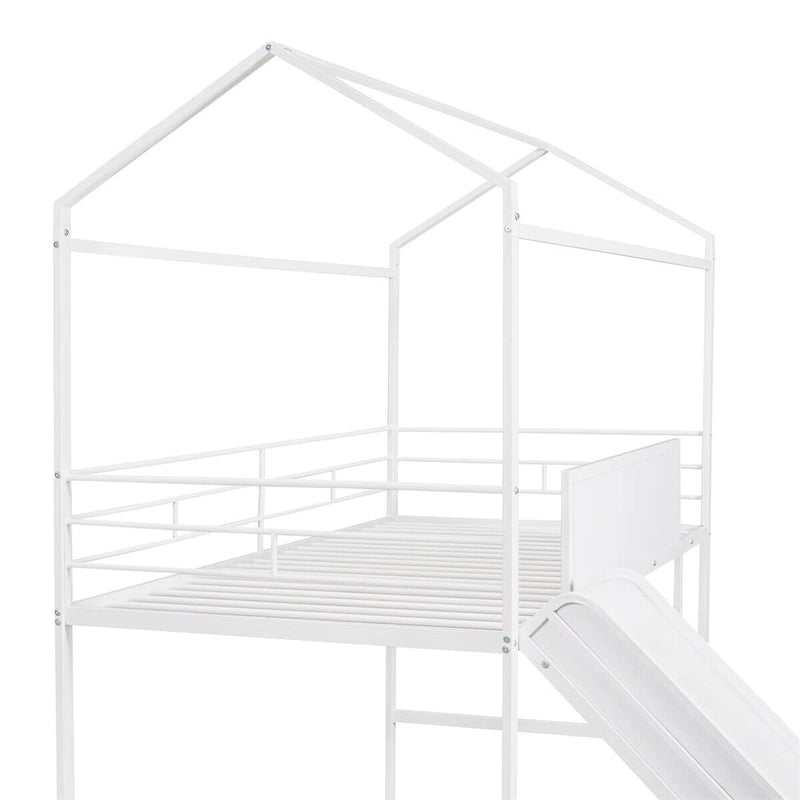 Merax Metal Twin House Loft Bed with Two-sided writable Wooden Board, Slide