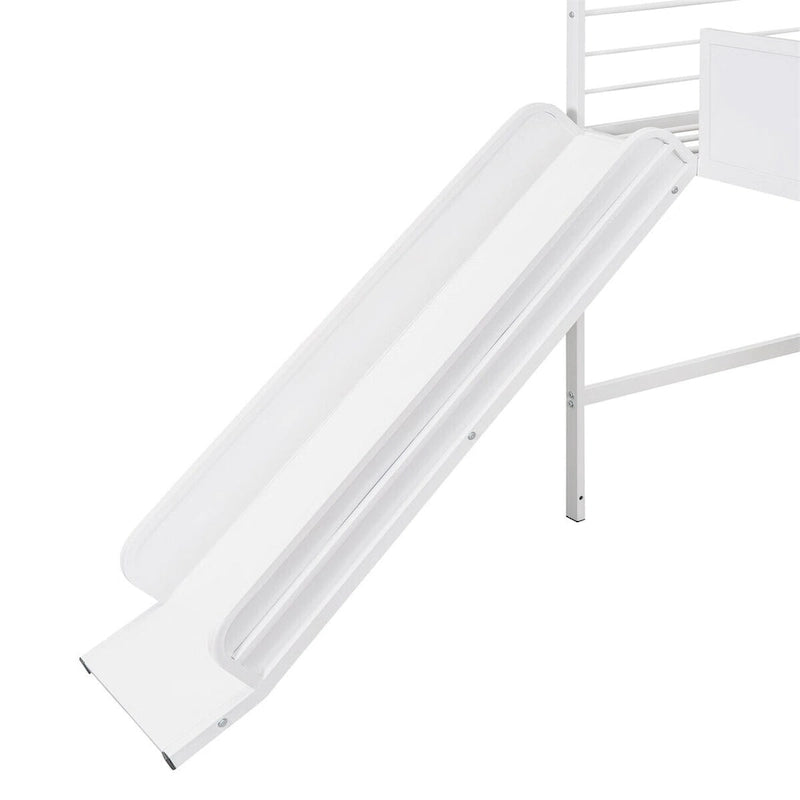Merax Metal Twin House Loft Bed with Two-sided writable Wooden Board, Slide