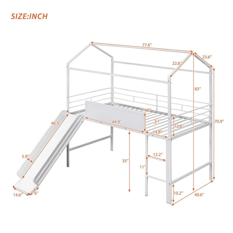 Merax Metal Twin House Loft Bed with Two-sided writable Wooden Board, Slide