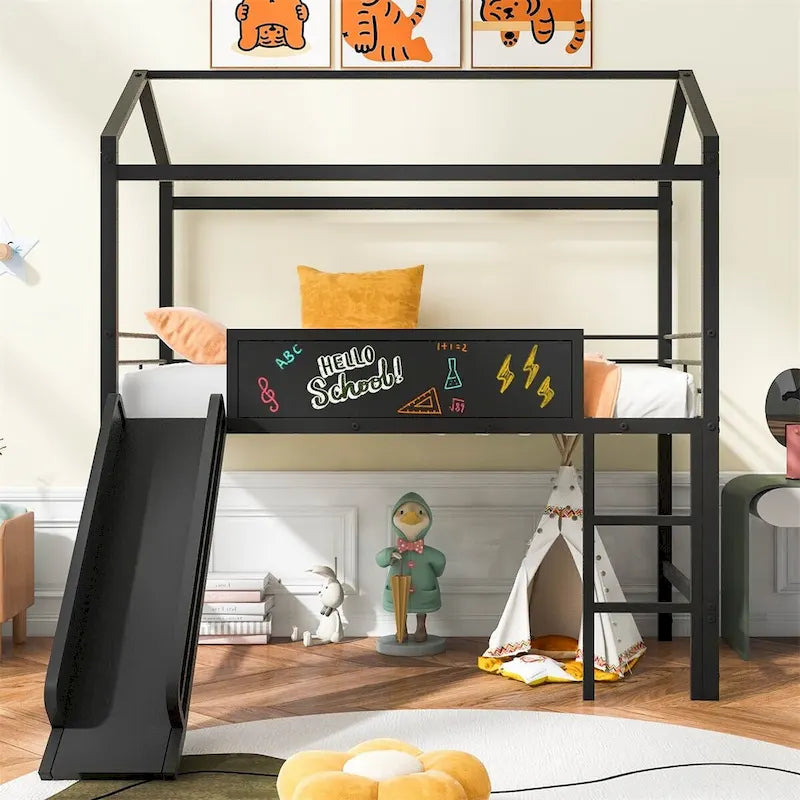 Merax Metal Twin House Loft Bed with Two-sided writable Wooden Board, Slide