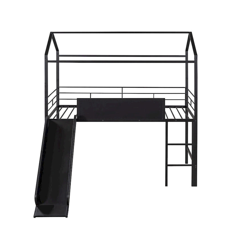 Merax Metal Twin House Loft Bed with Two-sided writable Wooden Board, Slide