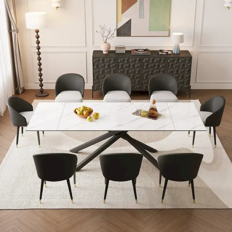 9 - Piece Extendable Rectangular Sintered Stone Cross Legs Dining Set With 8 Chairs For Home or Villa