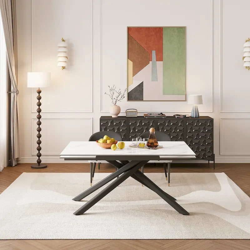 9 - Piece Extendable Rectangular Sintered Stone Cross Legs Dining Set With 8 Chairs For Home or Villa