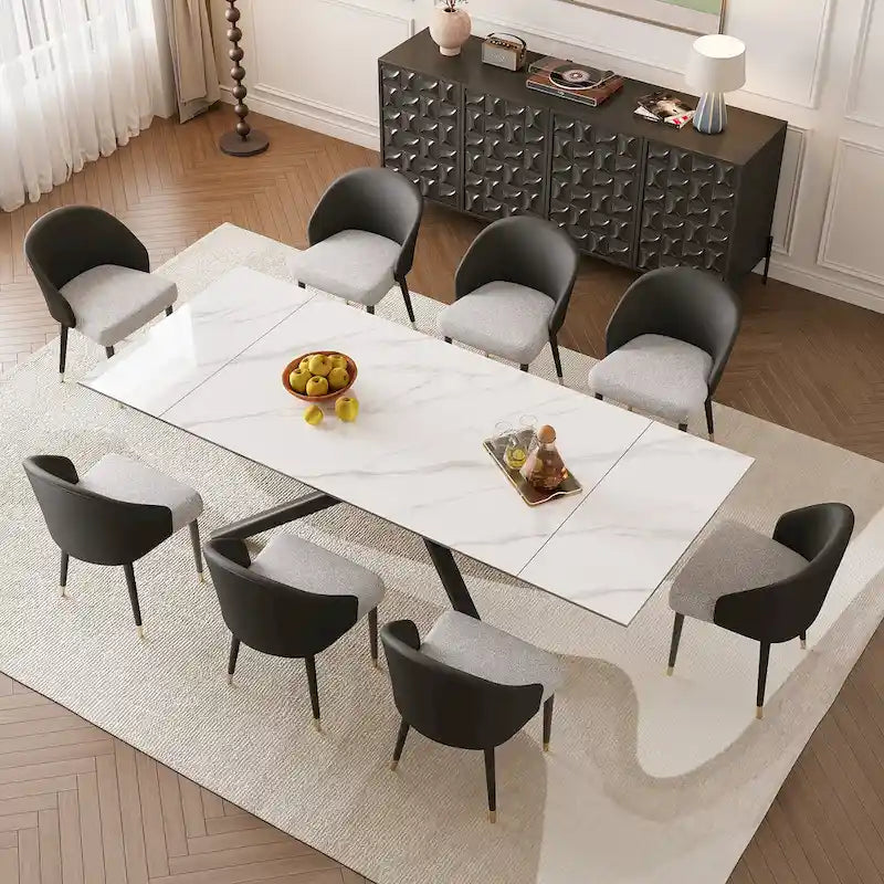 9 - Piece Extendable Rectangular Sintered Stone Cross Legs Dining Set With 8 Chairs For Home or Villa