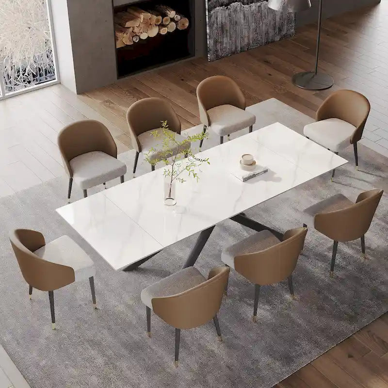 9 - Piece Extendable Rectangular Sintered Stone Cross Legs Dining Set With 8 Chairs For Home or Villa