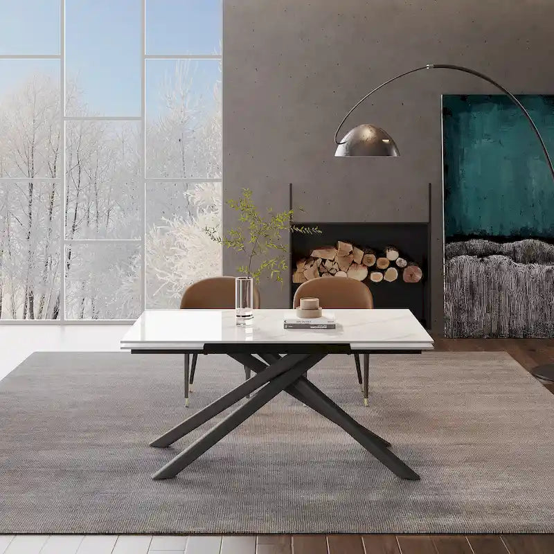 9 - Piece Extendable Rectangular Sintered Stone Cross Legs Dining Set With 8 Chairs For Home or Villa
