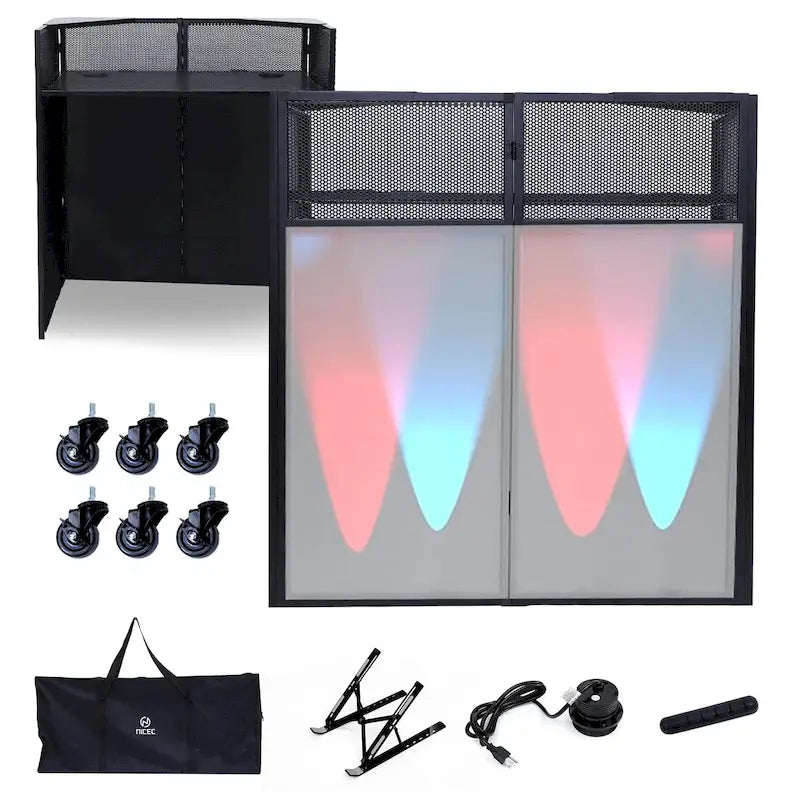 Portable DJ Booth Table Set with Integrated Lighting Scrims, Sturdy Carry Case, and Compact 40x20 inch Dimensions
