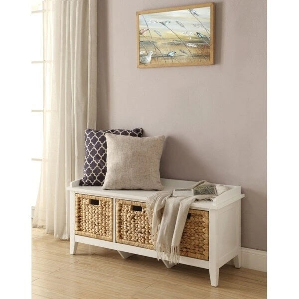 Rectangular Wooden Bench with Storage Basket, White