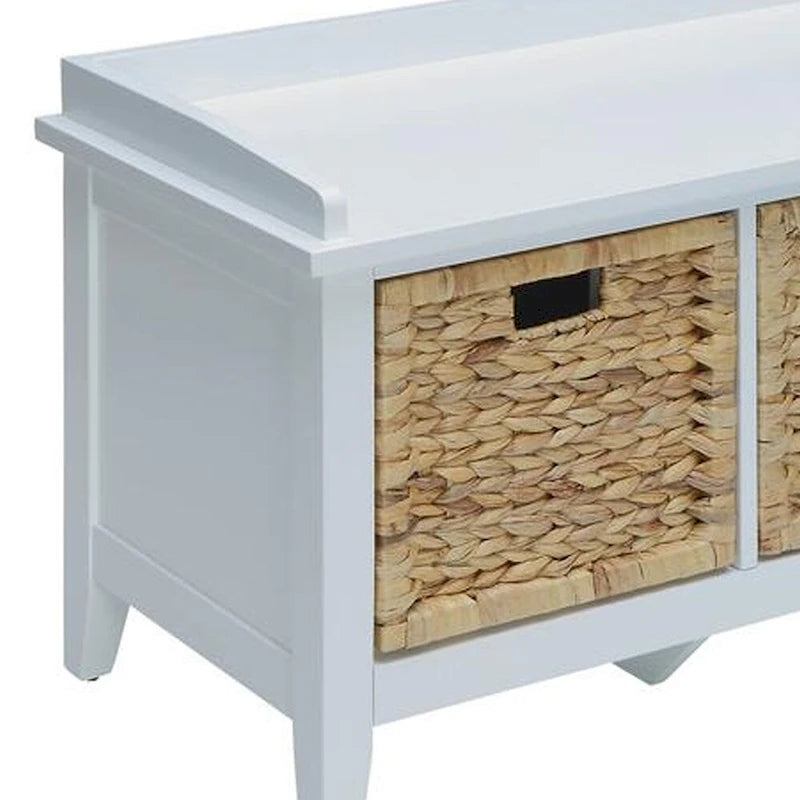 Banc rectangulaire en bois avec panier de rangement, Blanc