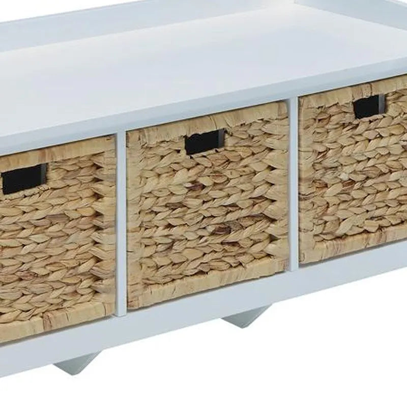 Banc rectangulaire en bois avec panier de rangement, Blanc