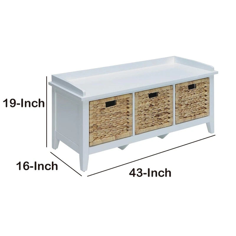 Banc rectangulaire en bois avec panier de rangement, Blanc