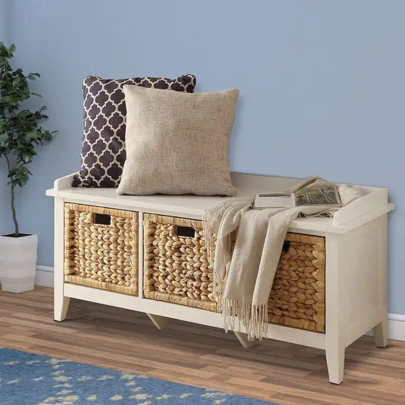Banc rectangulaire en bois avec panier de rangement, Blanc