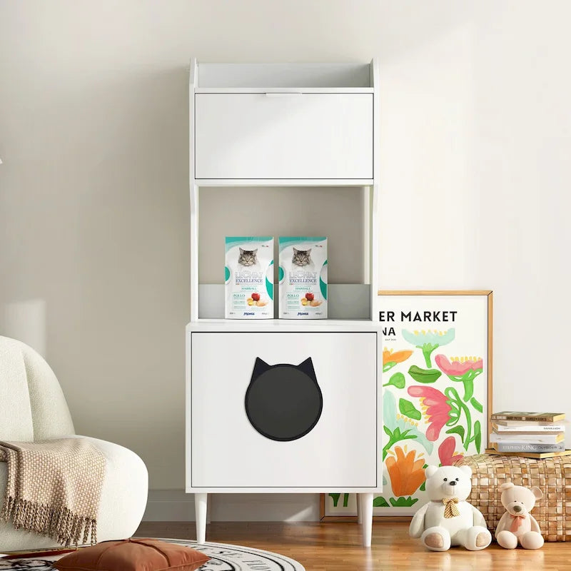 Meuble cache-litière avec étagères et portes, maison de toilette pour chat en bois blanc, maison de chat d'intérieur industrielle, meuble de rangement pour animaux de compagnie
