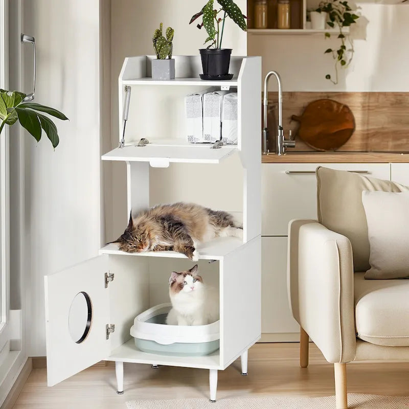 Meuble cache-litière avec étagères et portes, maison de toilette pour chat en bois blanc, maison de chat d'intérieur industrielle, meuble de rangement pour animaux de compagnie