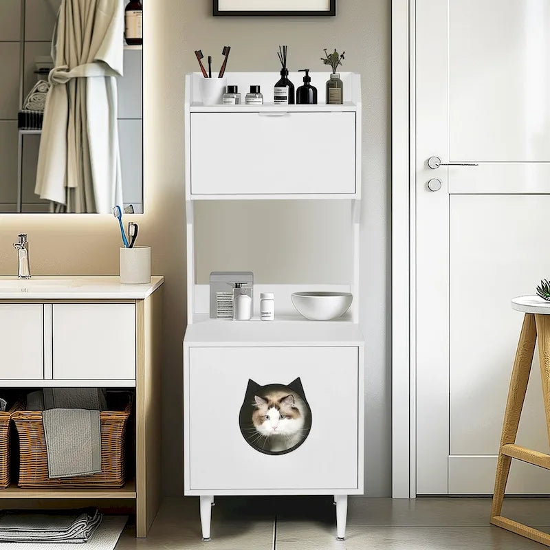 Meuble cache-litière avec étagères et portes, maison de toilette pour chat en bois blanc, maison de chat d'intérieur industrielle, meuble de rangement pour animaux de compagnie