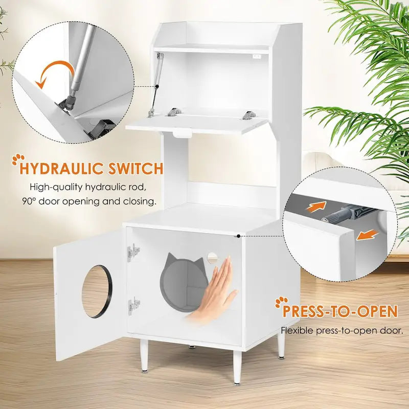 Meuble cache-litière avec étagères et portes, maison de toilette pour chat en bois blanc, maison de chat d'intérieur industrielle, meuble de rangement pour animaux de compagnie
