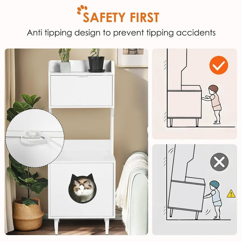 Meuble cache-litière avec étagères et portes, maison de toilette pour chat en bois blanc, maison de chat d'intérieur industrielle, meuble de rangement pour animaux de compagnie