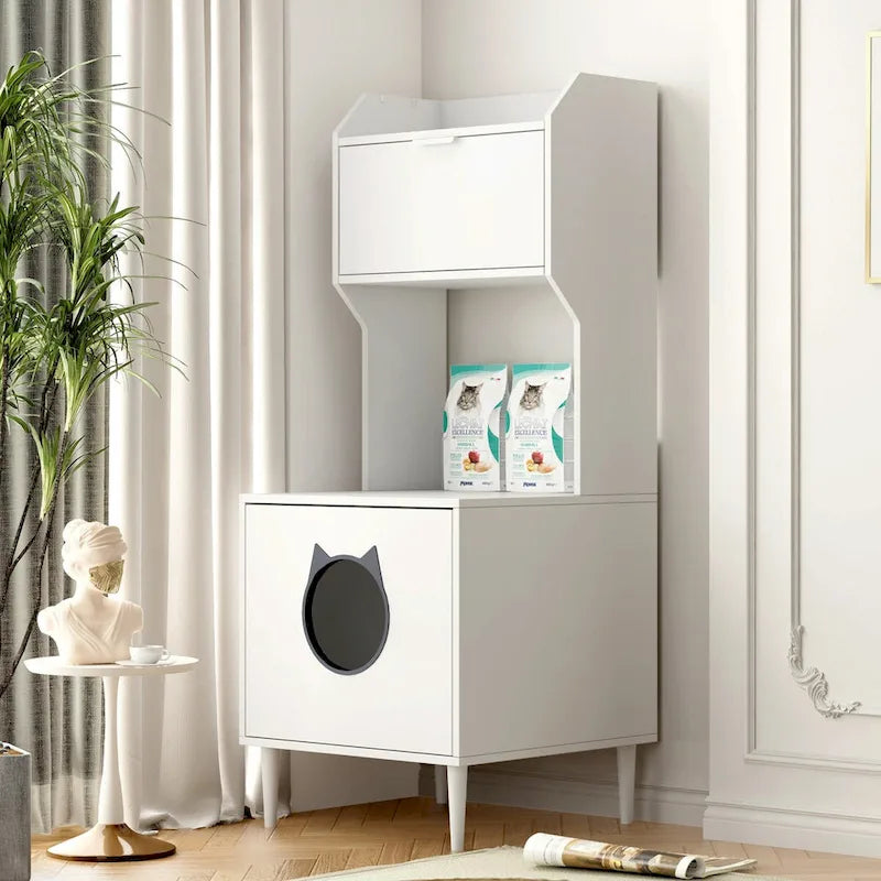 Meuble cache-litière avec étagères et portes, maison de toilette pour chat en bois blanc, maison de chat d'intérieur industrielle, meuble de rangement pour animaux de compagnie