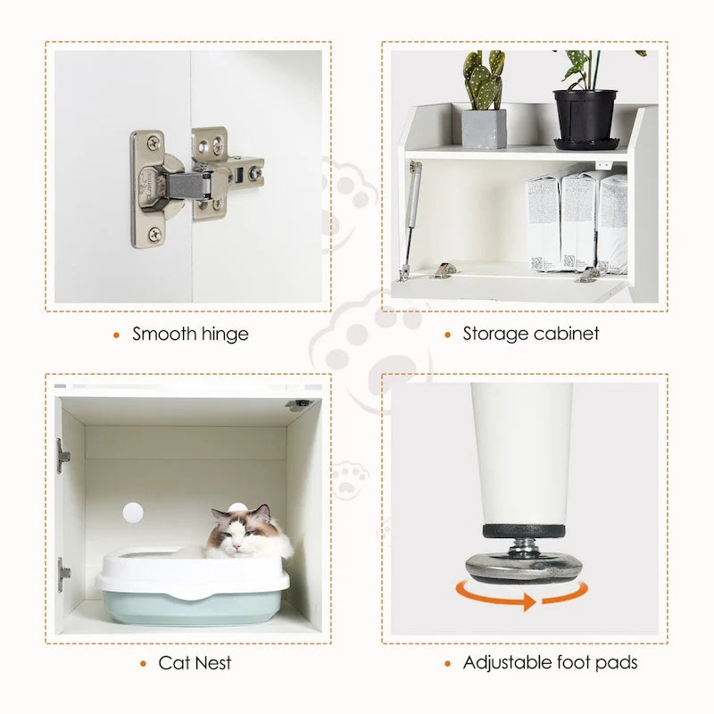 Meuble cache-litière avec étagères et portes, maison de toilette pour chat en bois blanc, maison de chat d'intérieur industrielle, meuble de rangement pour animaux de compagnie