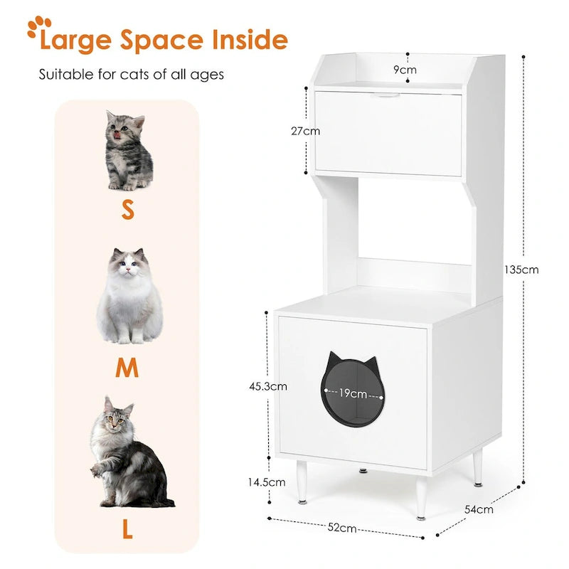 Meuble cache-litière avec étagères et portes, maison de toilette pour chat en bois blanc, maison de chat d'intérieur industrielle, meuble de rangement pour animaux de compagnie