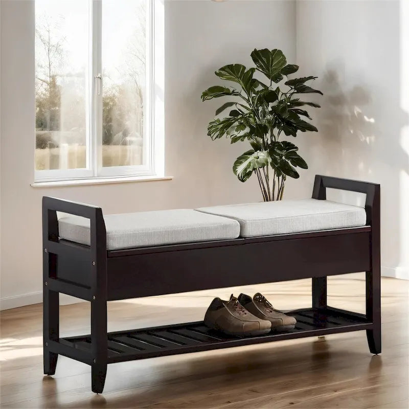 Fabric Upholstery Storage Shoe Bench with Shelf and Lifted Up Seats