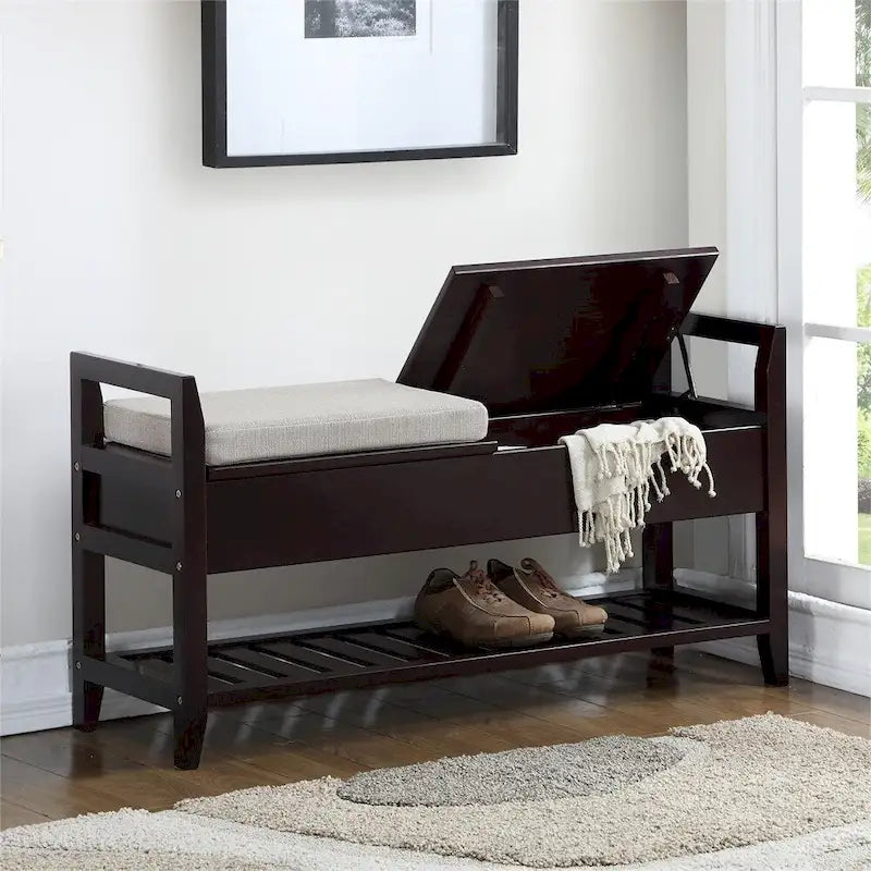 Fabric Upholstery Storage Shoe Bench with Shelf and Lifted Up Seats
