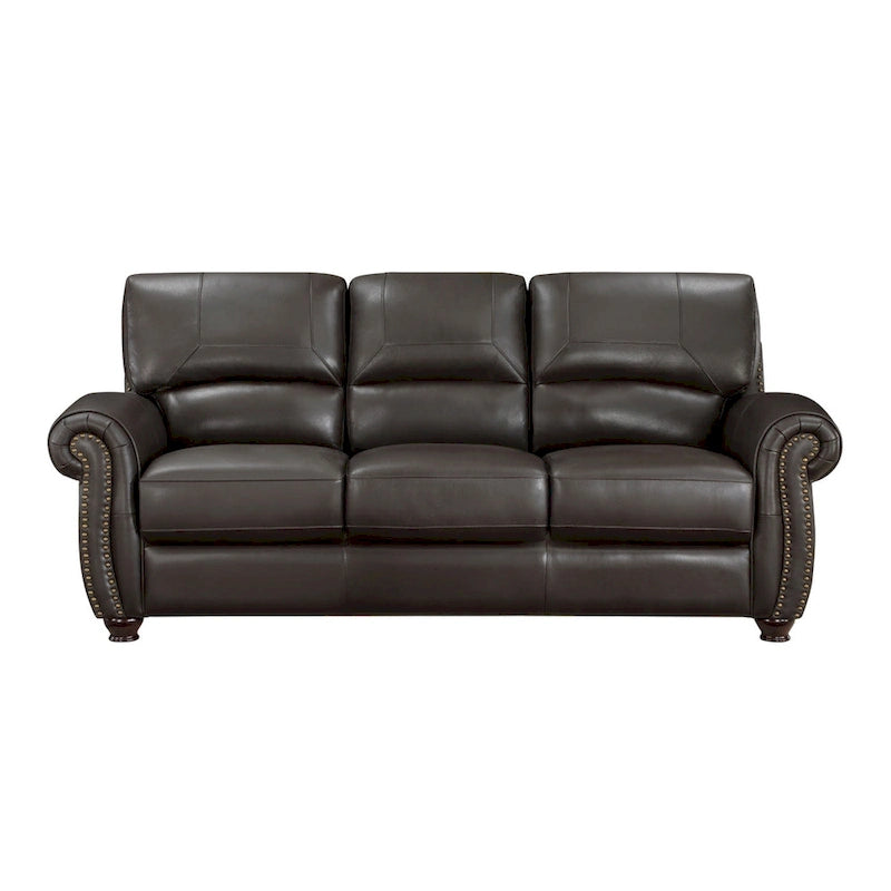 Kia 84 Inch Sofa, Dark Brown Top Grain and Faux Leather, Solid Wood