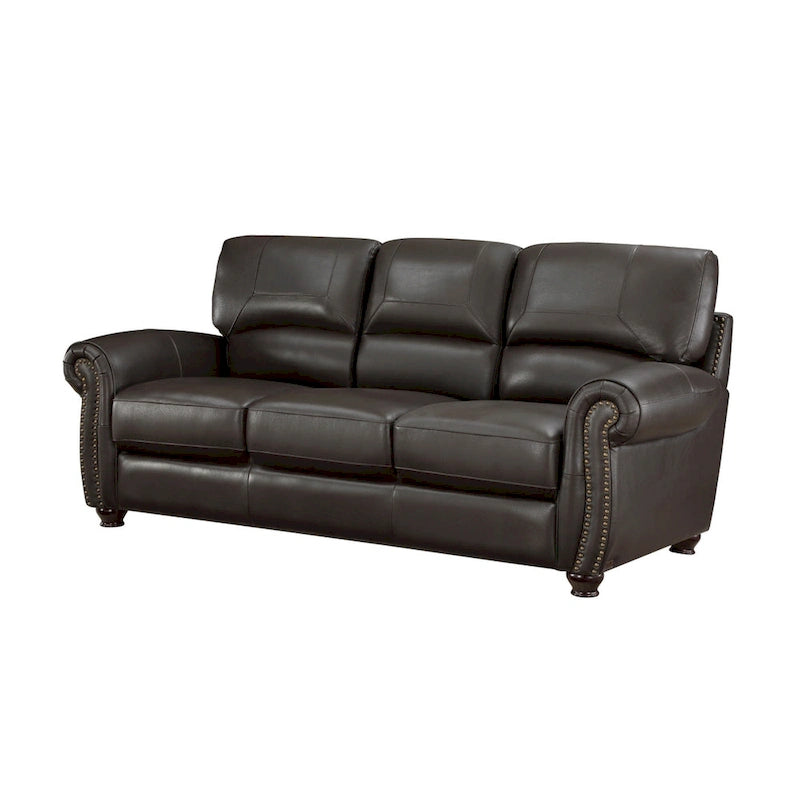 Kia 84 Inch Sofa, Dark Brown Top Grain and Faux Leather, Solid Wood