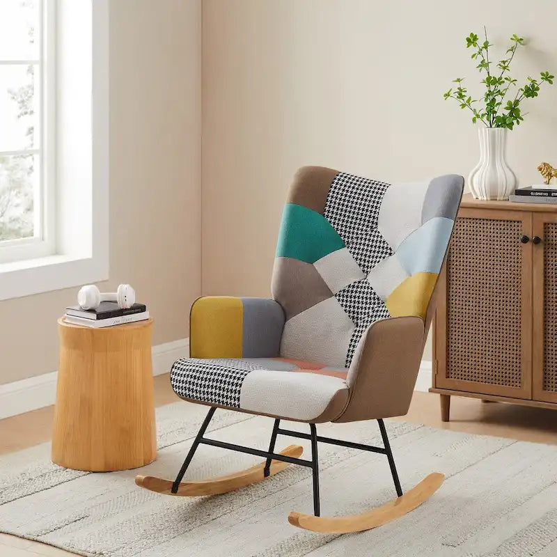 VANOMi 25.2 Wide French Patchwork Linen Upholstered Nursery Rocking Chair with Wood Legs